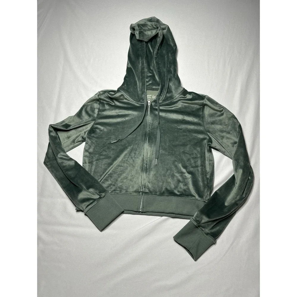 Aerie Real Good Cropped Hoodie Zip Up Green Women's L Velvet Soft Stretch
